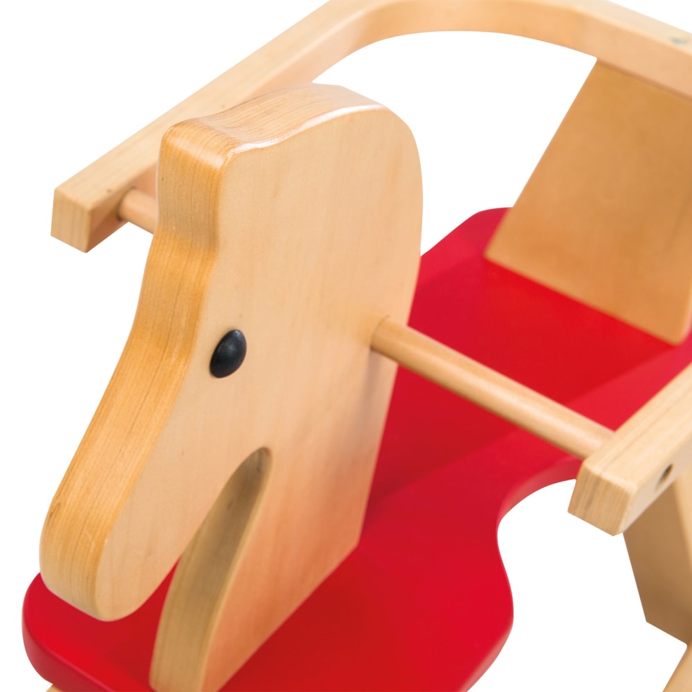 Schaukelpferd aus Holz, abnehmbarer Schutzring, Natur-Rot -