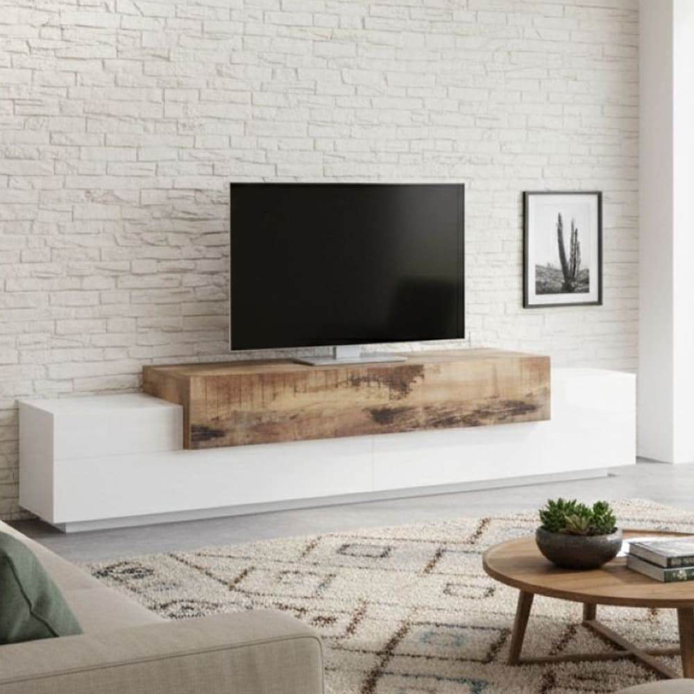 Meuble tv blanc brillant effet bois, beige 240x45 cm - Maisons du Monde