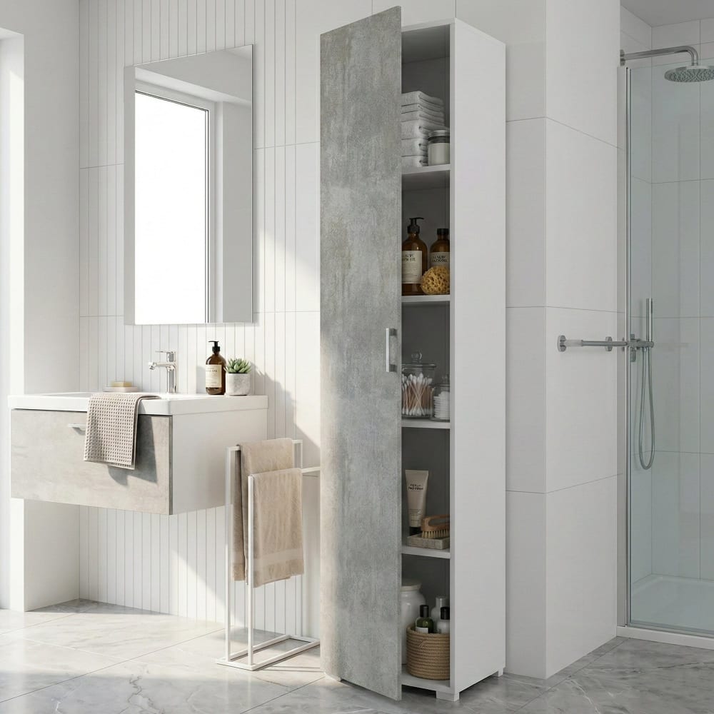Armoire polyvalente 1 porte effet bois ciment, blanc 45x45h195 cm - Maisons du Monde