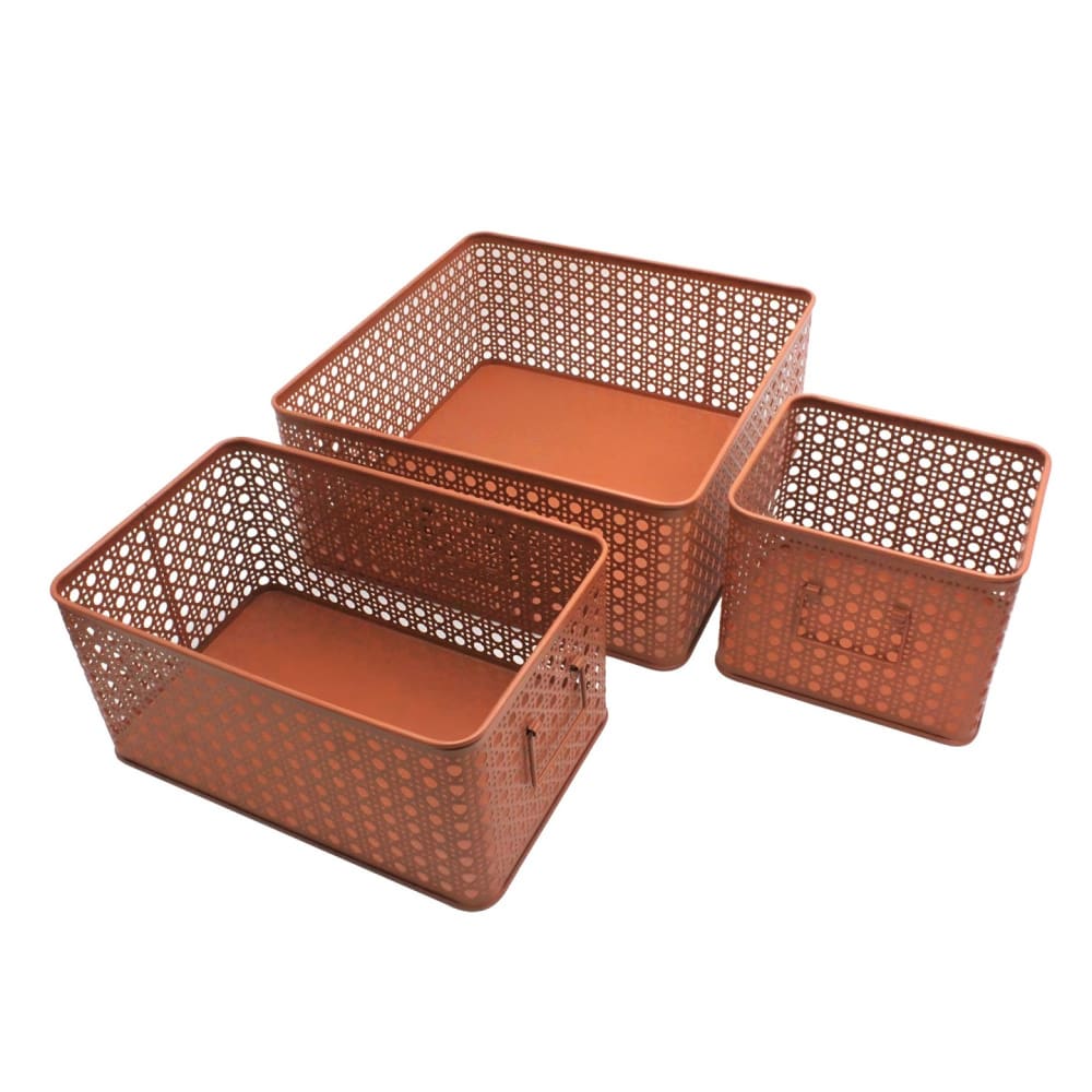 Lot de 3 paniers de rangement en métal terracotta 32 x 32 x 14 cm Lot de 3 paniers de rangement en métal terracotta 32 x 32 x 14 cm