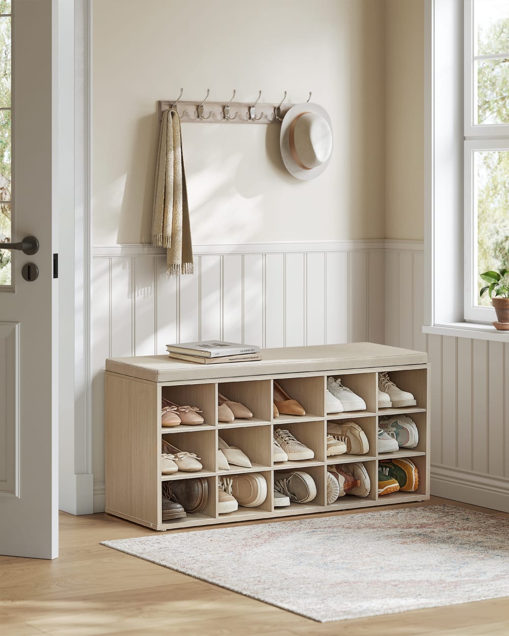Banc à chaussures rangement avec siège rembourré beige - Maisons du Monde