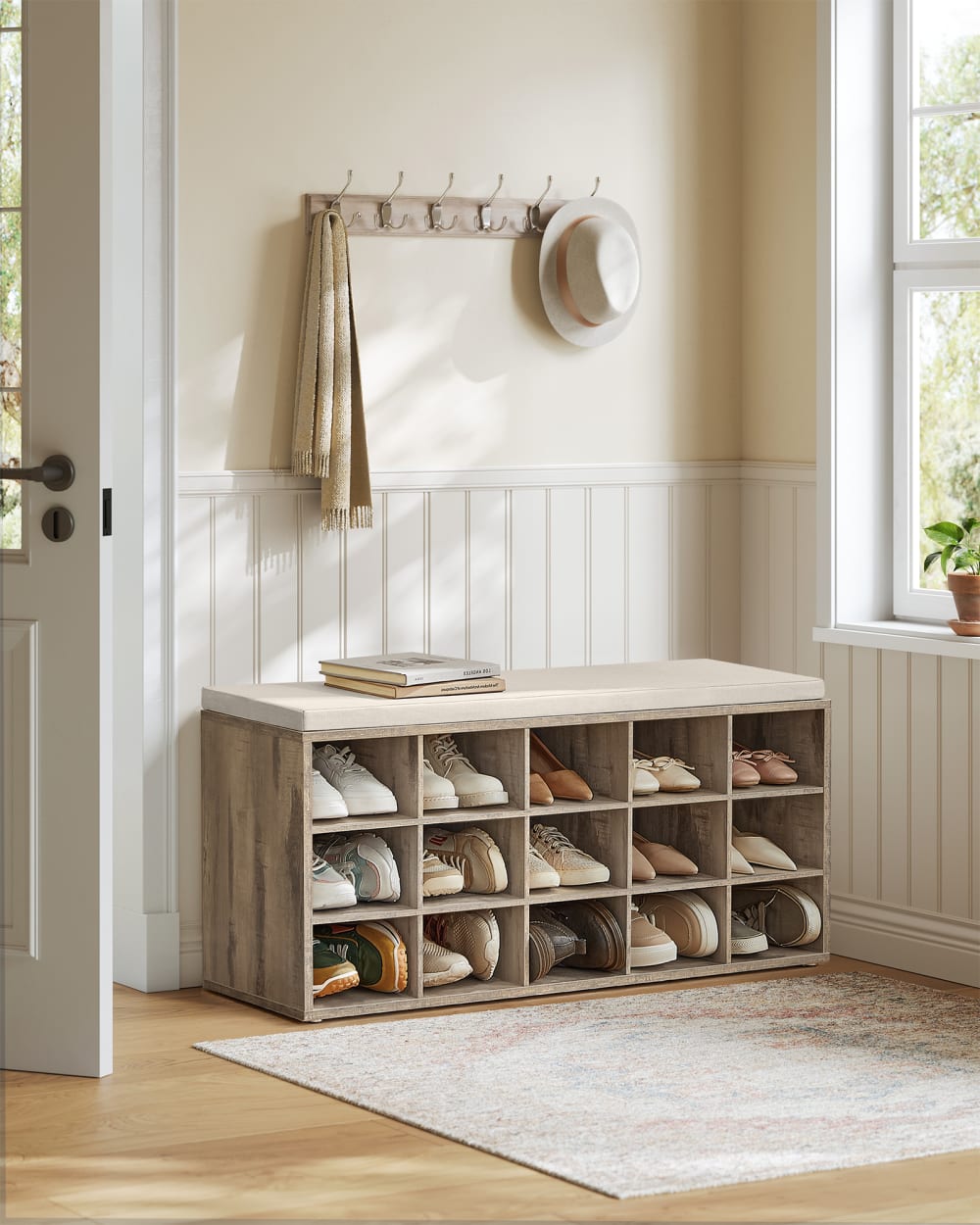 Banc à chaussures rangement avec siège rembourré marron camel et beige - Maisons du Monde