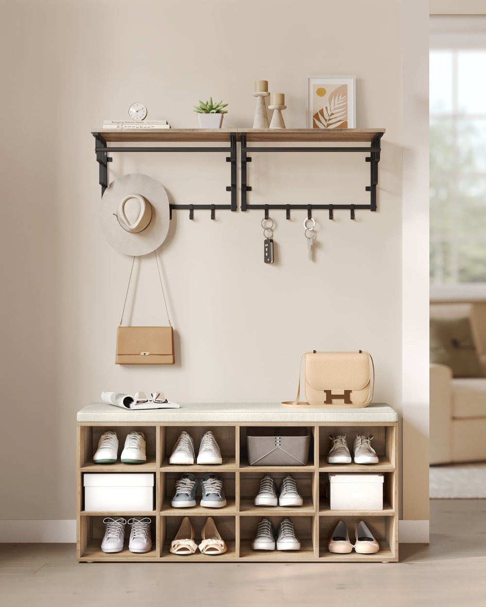 Banc à chaussures rangement avec siège rembourré beige - Maisons du Monde