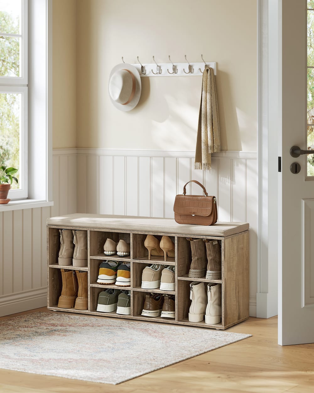 Banc à chaussures avec coussin rembourré 10 compartiments marron - Maisons du Monde