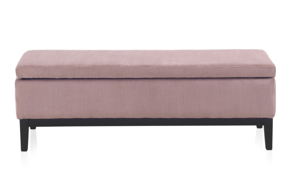 Pouf tapissé rose pastel avec pieds en bois noir