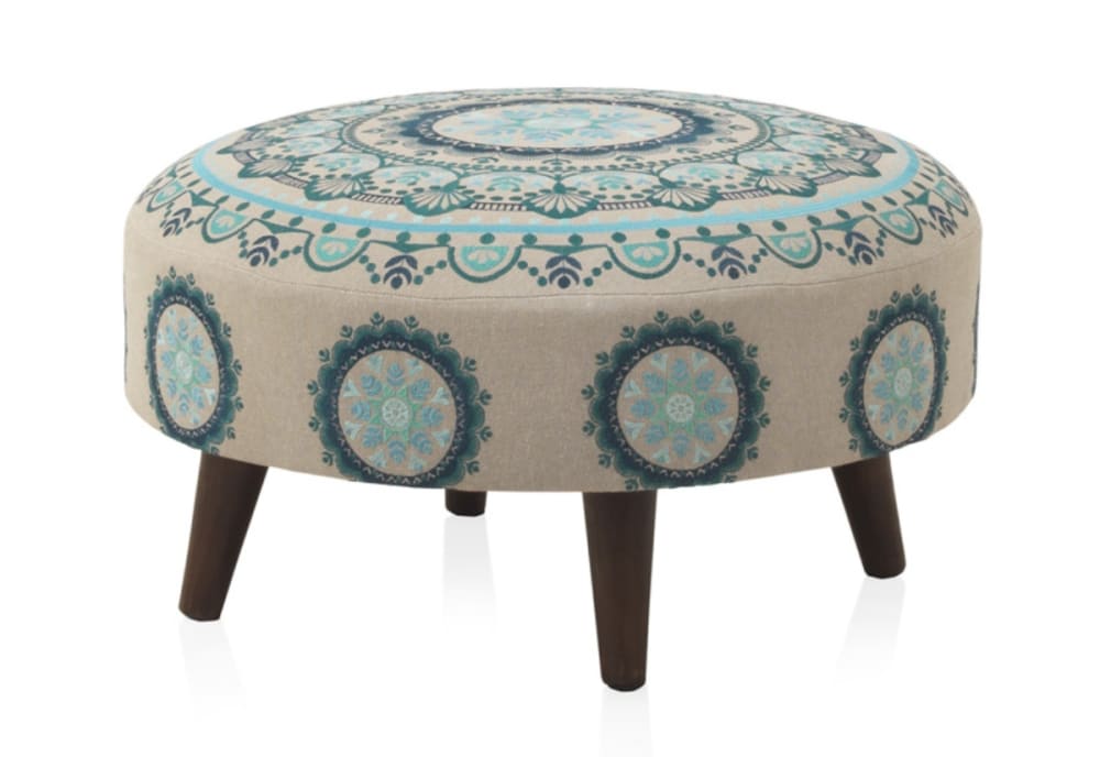 Ottoman rond tapissé avec pieds en bois couleur lin