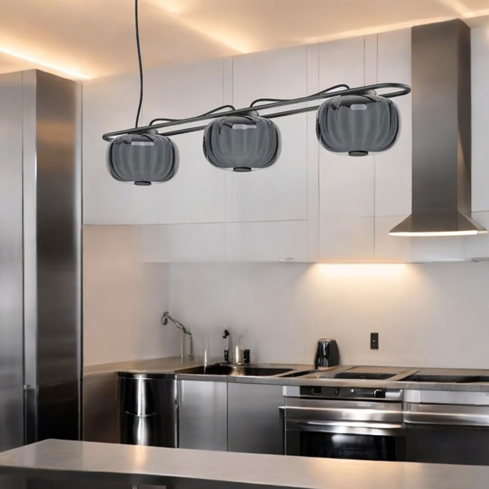 Suspension triple en verre opale, gris L:110cm — vue 3