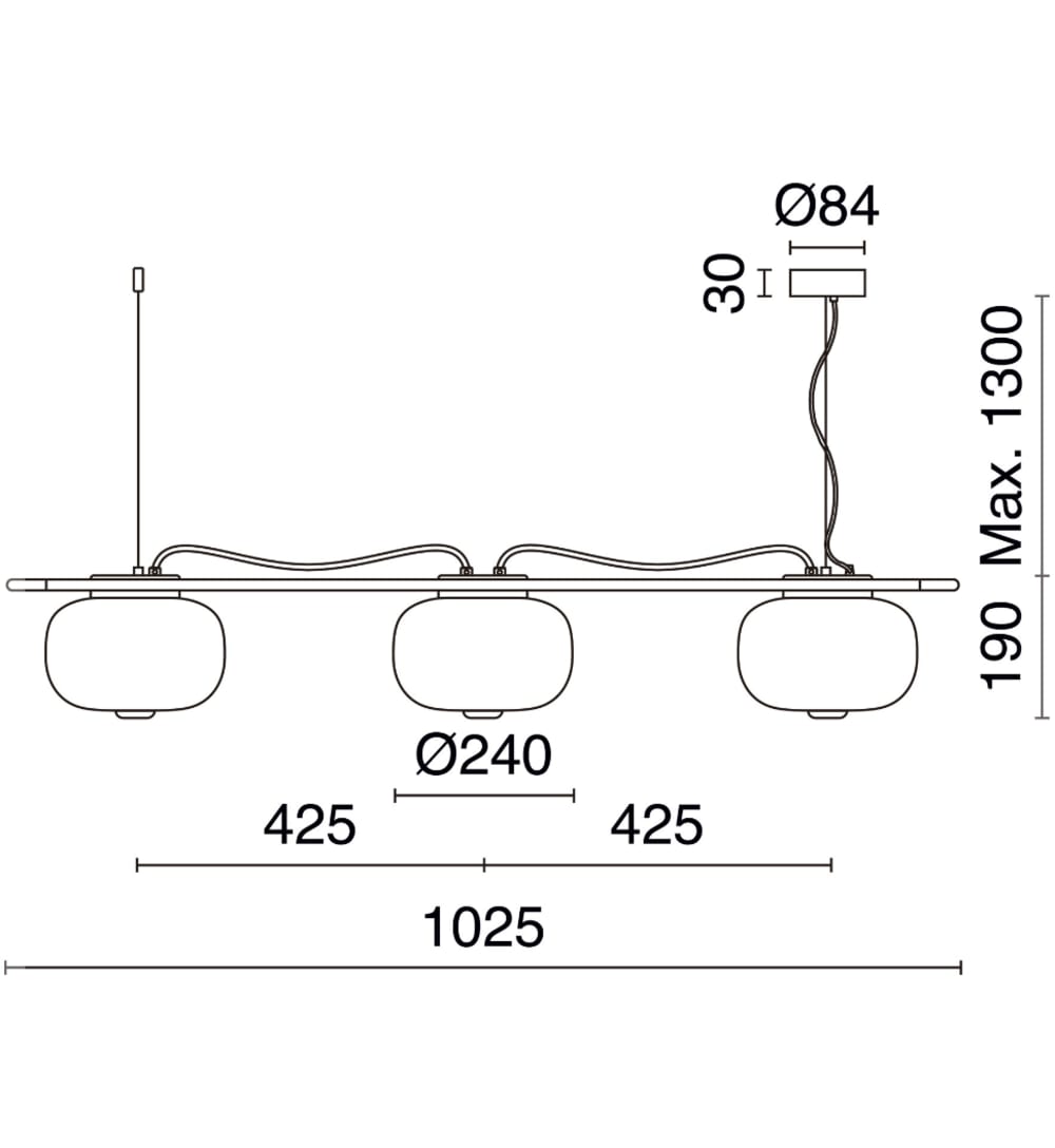 Suspension triple en verre opale, gris L:110cm — vue 4