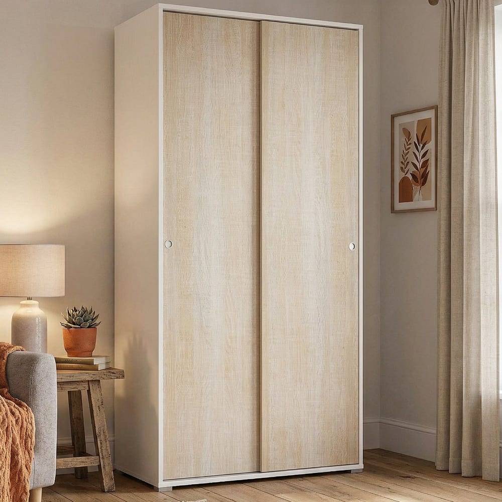 Armoire 2 portes effet bois beige, blanc 90x45h195 cm