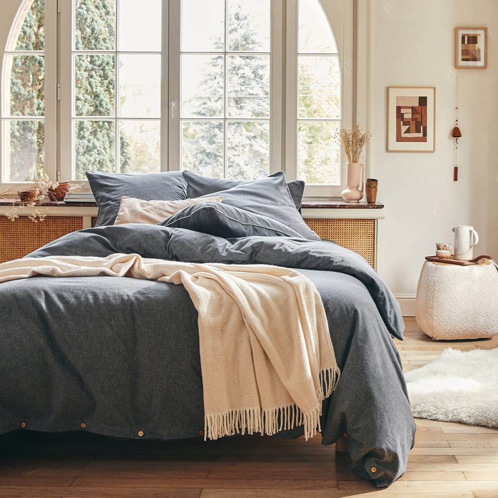 Drap housse uni en flanelle de coton gris anthracite 90x190 — vue 3