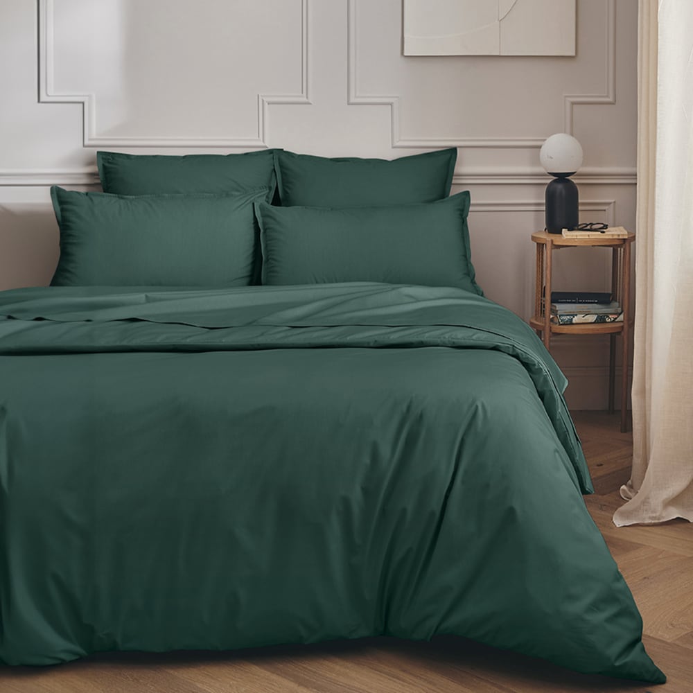 Parure de lit unie en percale de coton vert sauge 260x240