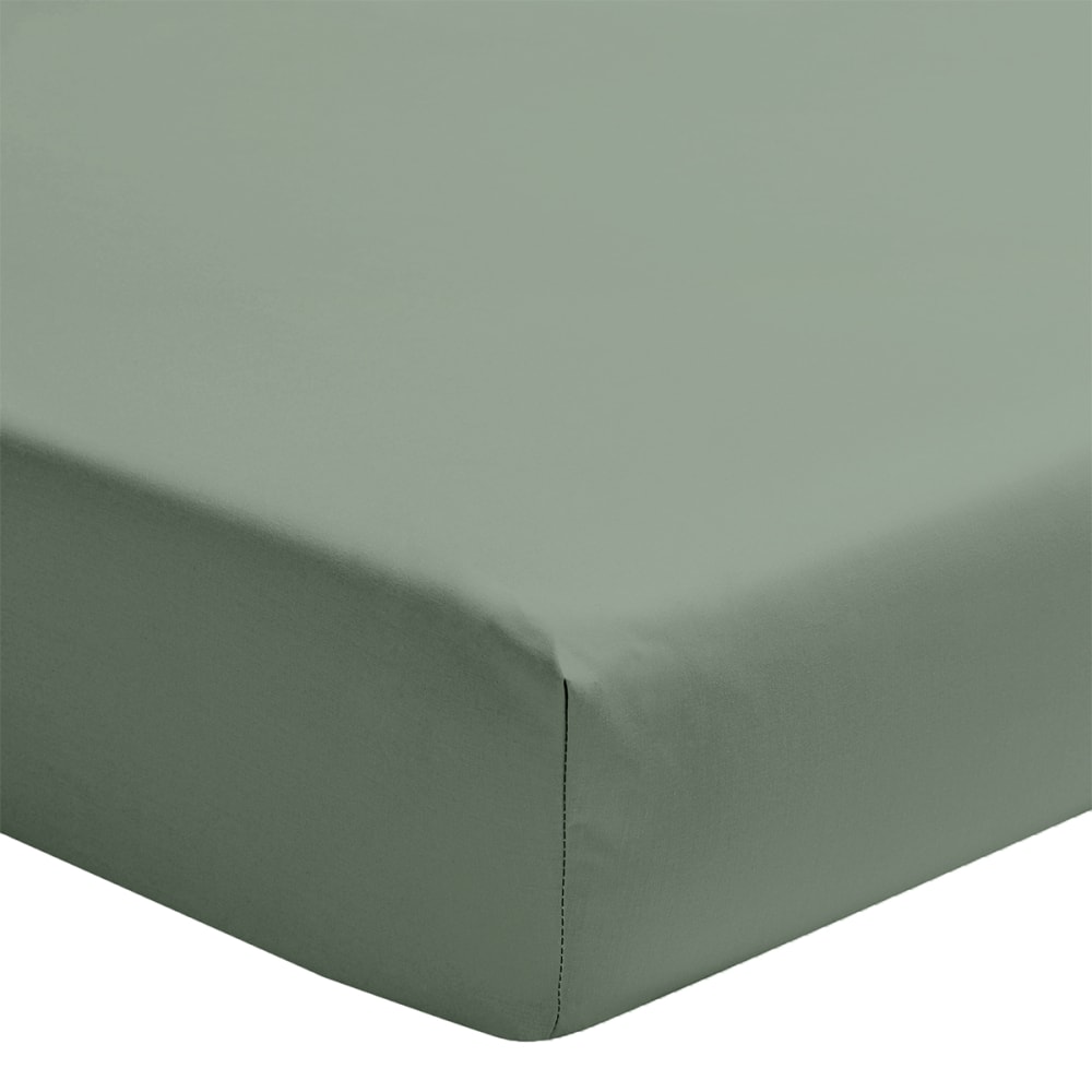 Drap housse uni en percale de coton vert sauge 180x200