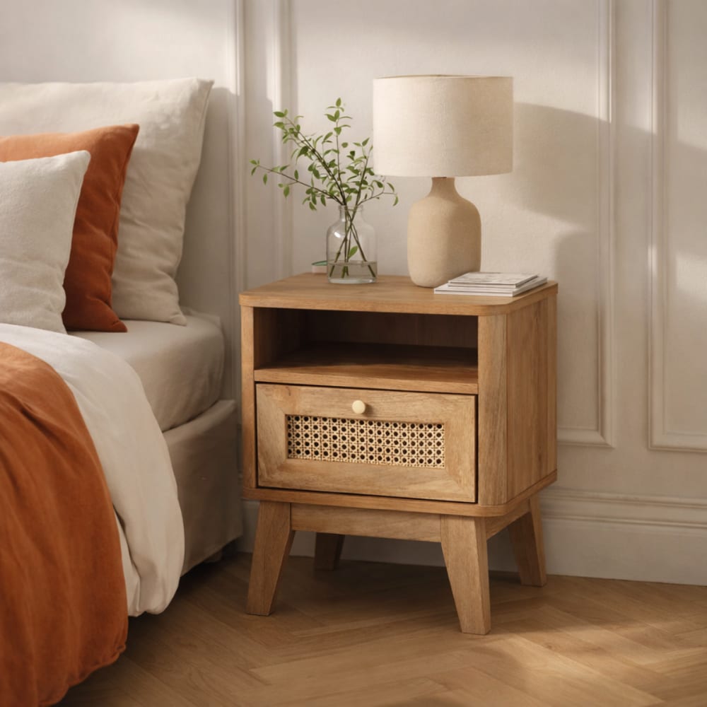 Nachttisch 1 Schublade mit Rattanfront in Holzdekor - Maisons Du