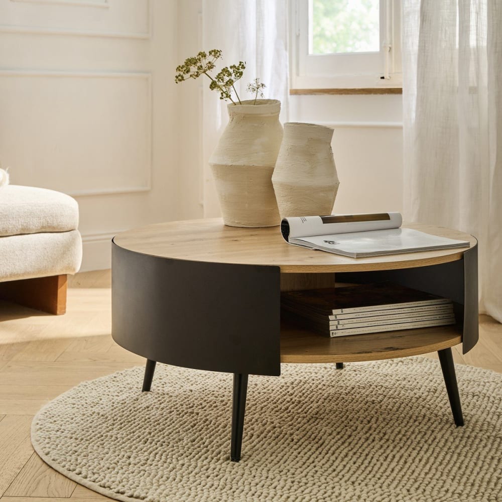 Couchtisch Runder mit 2 Ebenen und schwarzen Metallseiten D80 cm