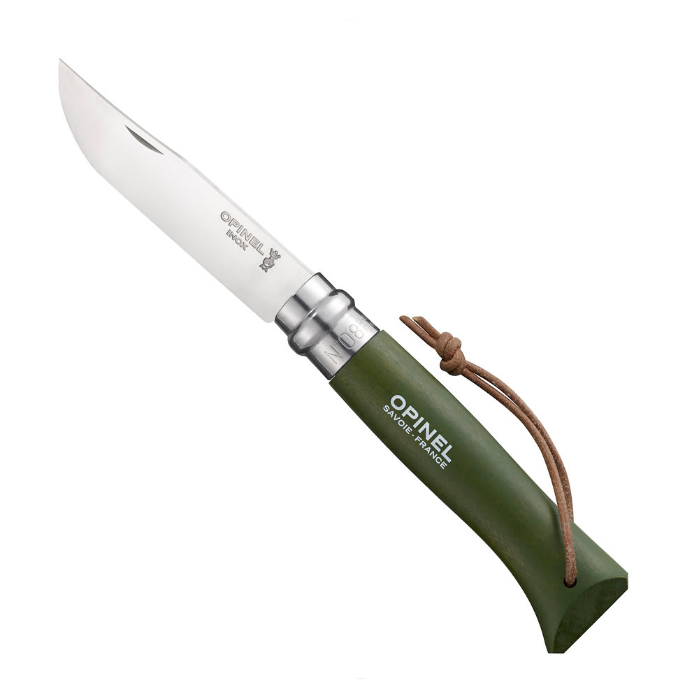Couteau baroudeur n°8 - lame 8.5 cm kaki avec lien en cuir vert en Couteau baroudeur n°8 - lame 8.5 cm kaki avec lien en cuir vert en