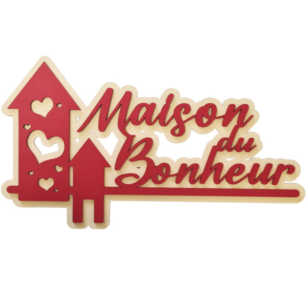 QUALIART Plaque décorative en relief maison du bonheur rouge et crème 40 cm - Bois