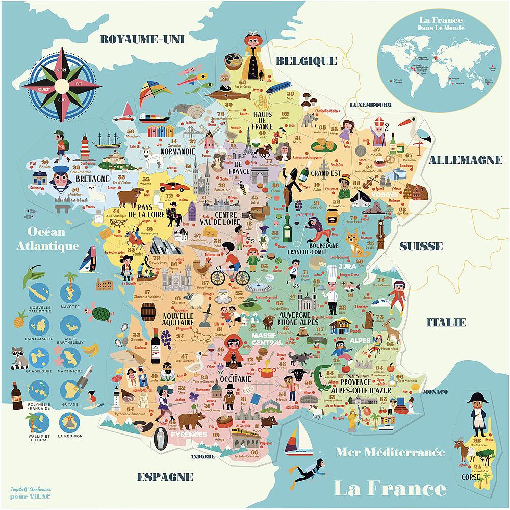 Vilac Carte de france magnétique 50 x 44 cm Bleu Bois - 50x1x44cm
