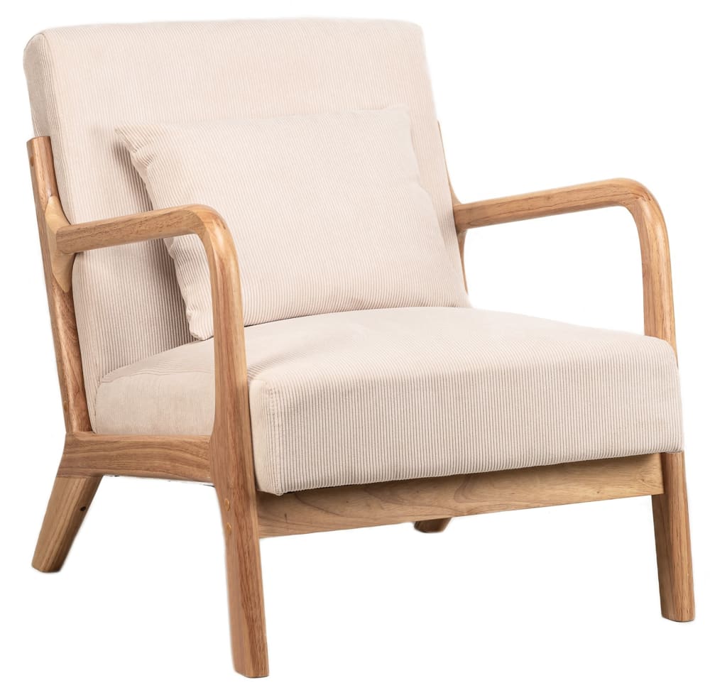 Fauteuil de salon en bois massif et velours côtelé beige