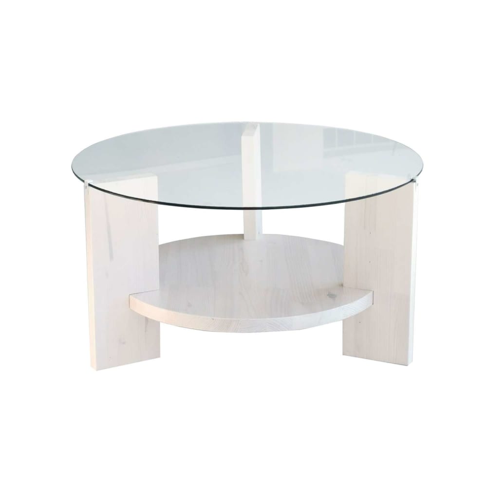 Toilinux Table basse ronde 1 étagère en verre transparent et bois blanc style contemporain Blanc Bois - 75x40x75cm