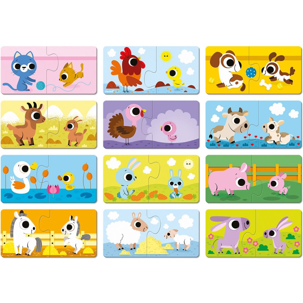Janod Lot de 12 petits puzzles Parents et bébés animaux Multicolore Carton - 7x16x16cm