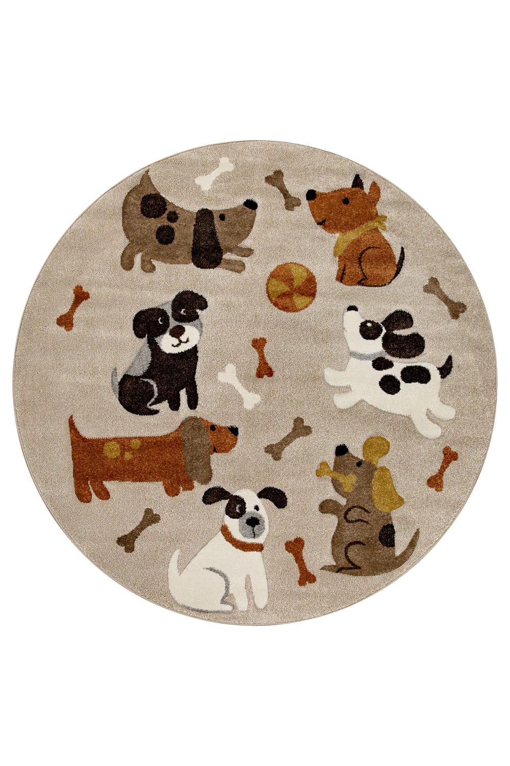 Tapis rond enfant motif chiens beige et taupe avec relief  Ø160