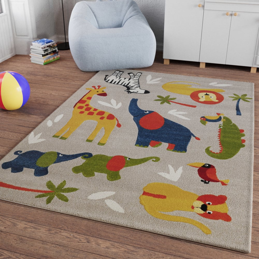 Tapis enfant motif animaux savane beige avec relief 120x170 - Maisons du Monde
