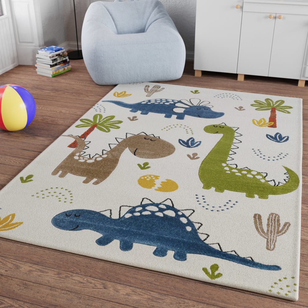 Kinderteppich mit Dinosauriermotiv in Beige und Sand Relief