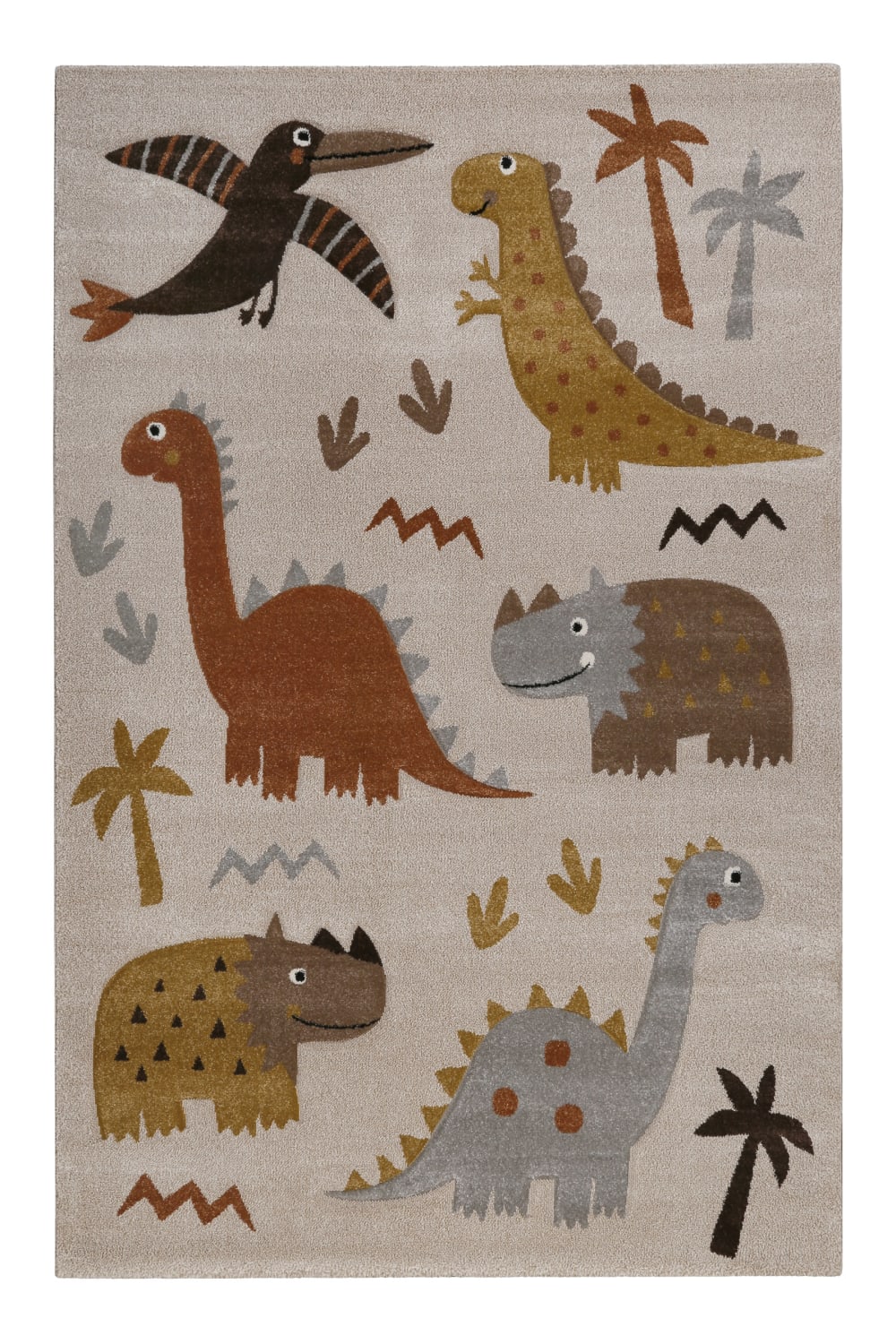 Tapis enfant motif dinosaures beige et taupe avec relief 80x150