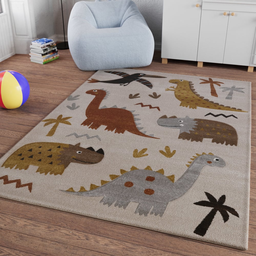 Kinderteppich mit Dinosaurier in Beige und Taupe Relief 80x150 -