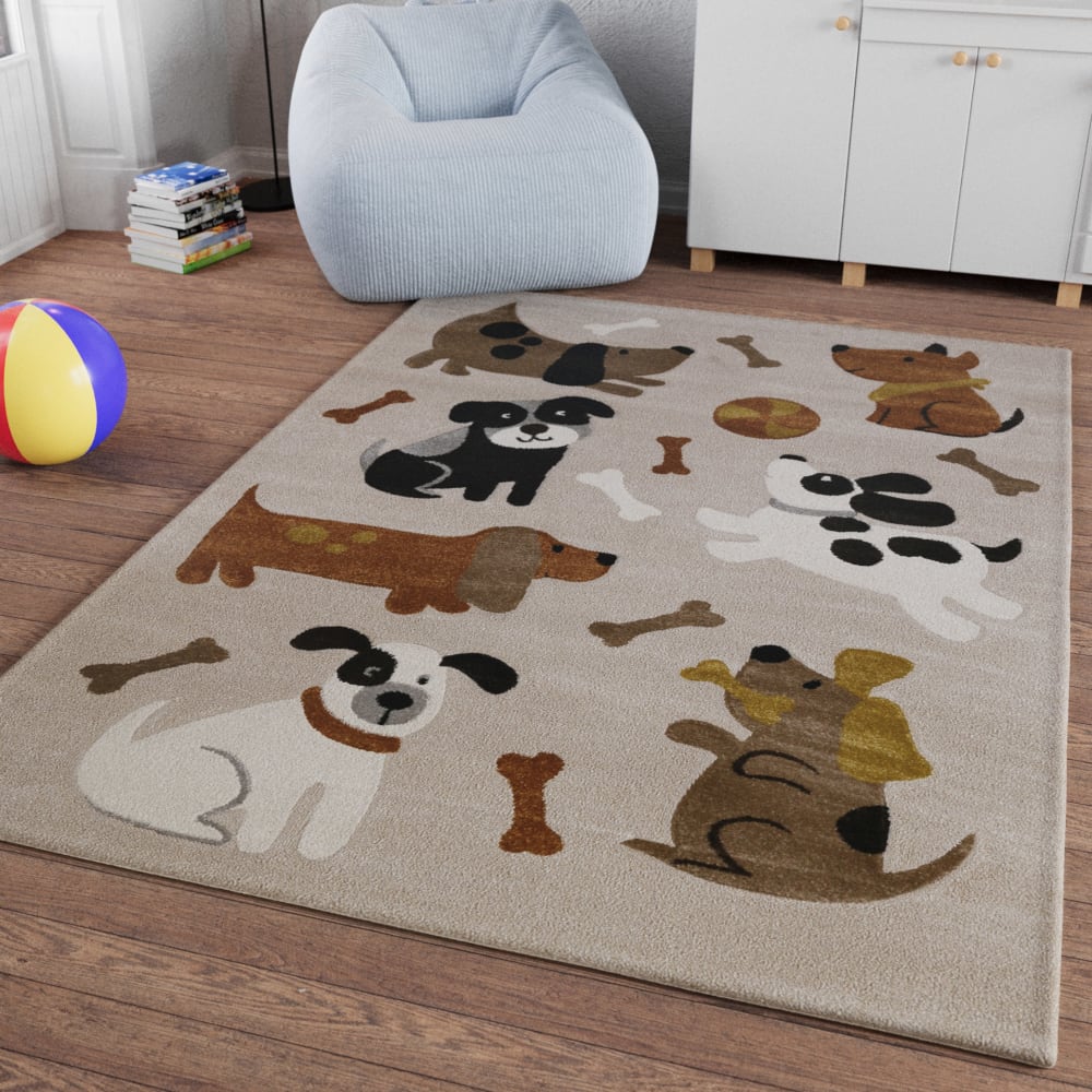 Kinderteppich mit Motiv Hunde in Beige und Taupe Relief 120x170 -
