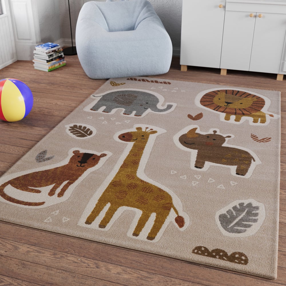 Tapis enfants motif animaux savane beige, sable avec relief 200x290 - Maisons du Monde