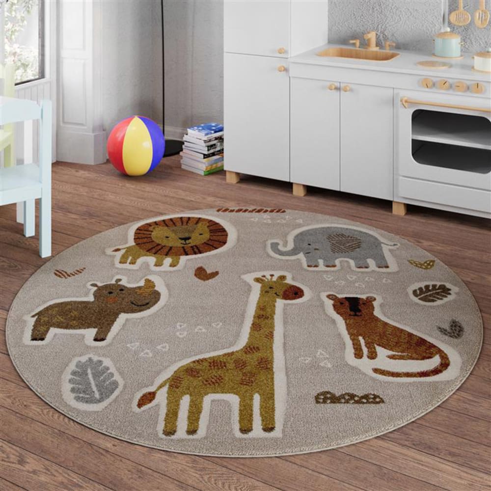 Kinderteppich, rund, mit Savannenmotiv in Beige und Sand Relief