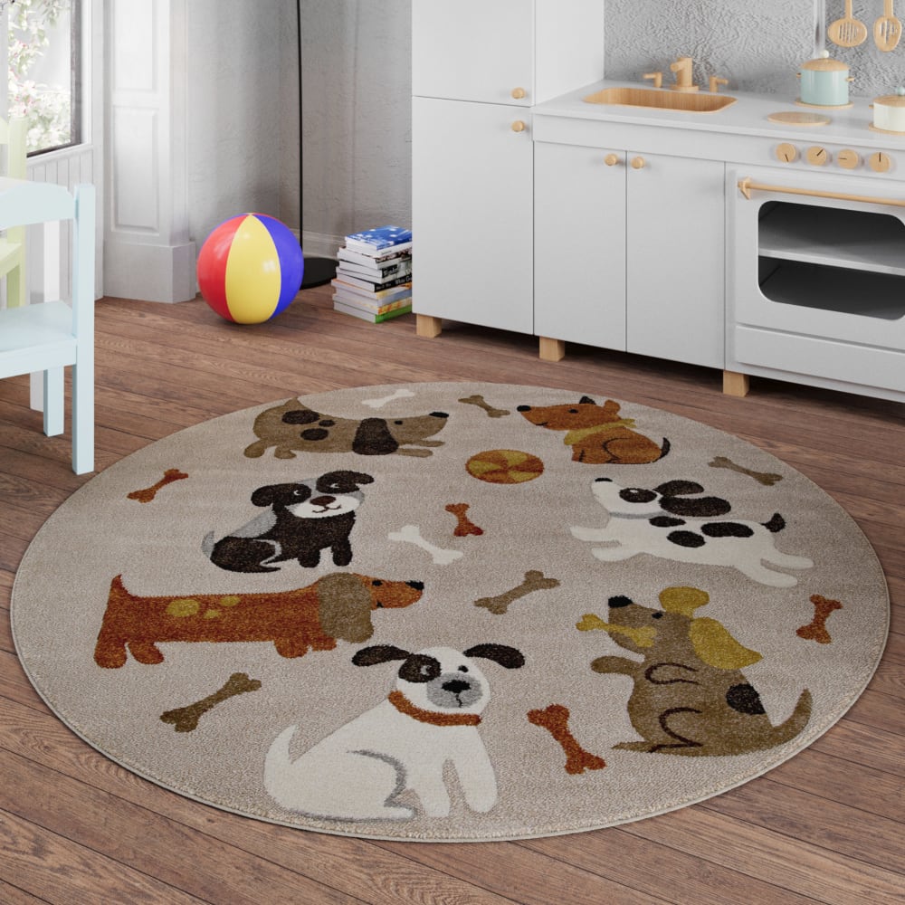 Kinderteppich, rund, mit Hundemuster in Beige und Taupe Relief