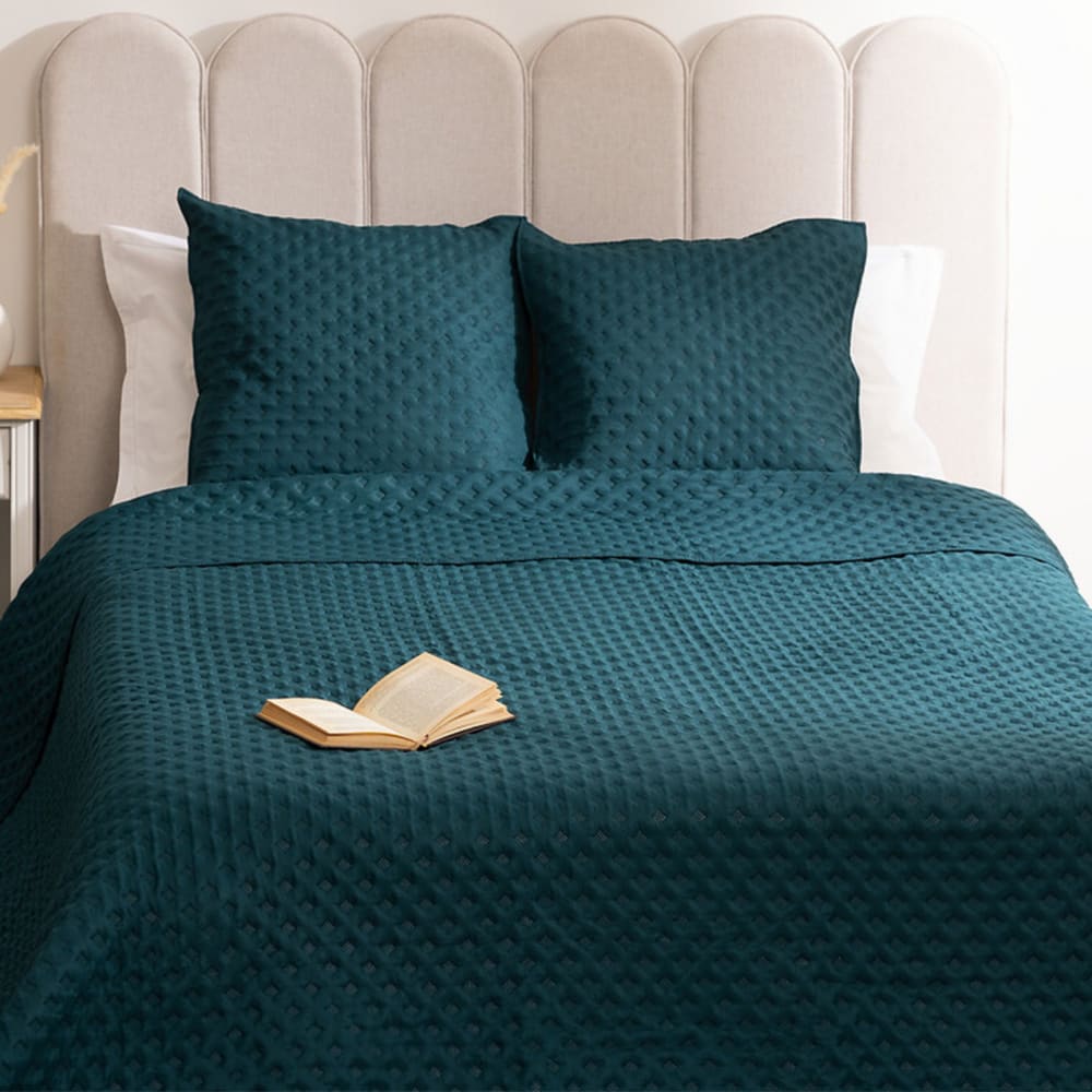 Dessus de lit à motifs ton sur ton polyester bleu canard 260x240 cm