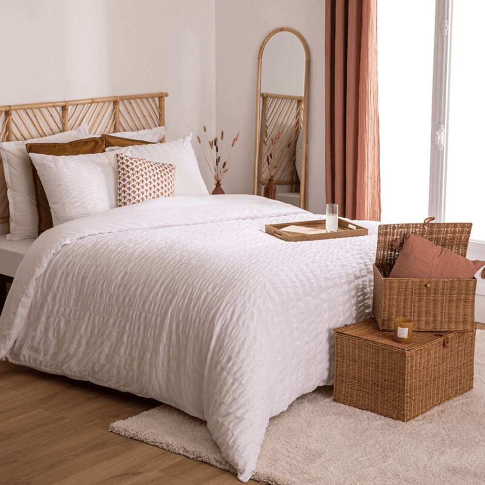 Parure de lit 3 pièces à rayures plissées coton blanc 260x240 cm