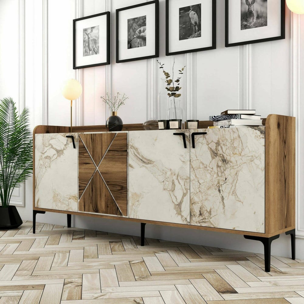 Konsole in Walnussholzoptik, weißer Marmor 180x35h78 cm - Maisons