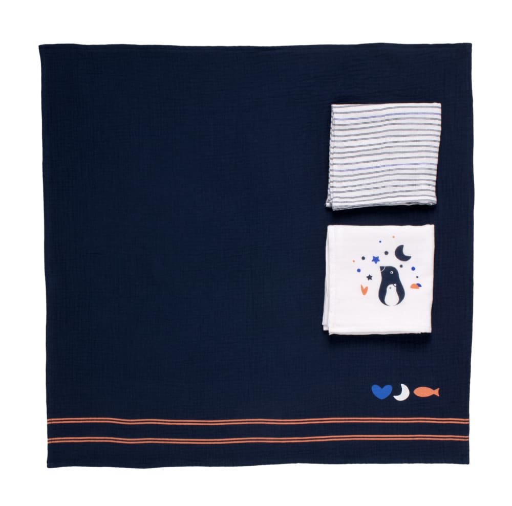 Sauthon Langes en coton bio boite de 3 Bleu Coton - 70x70x1cm