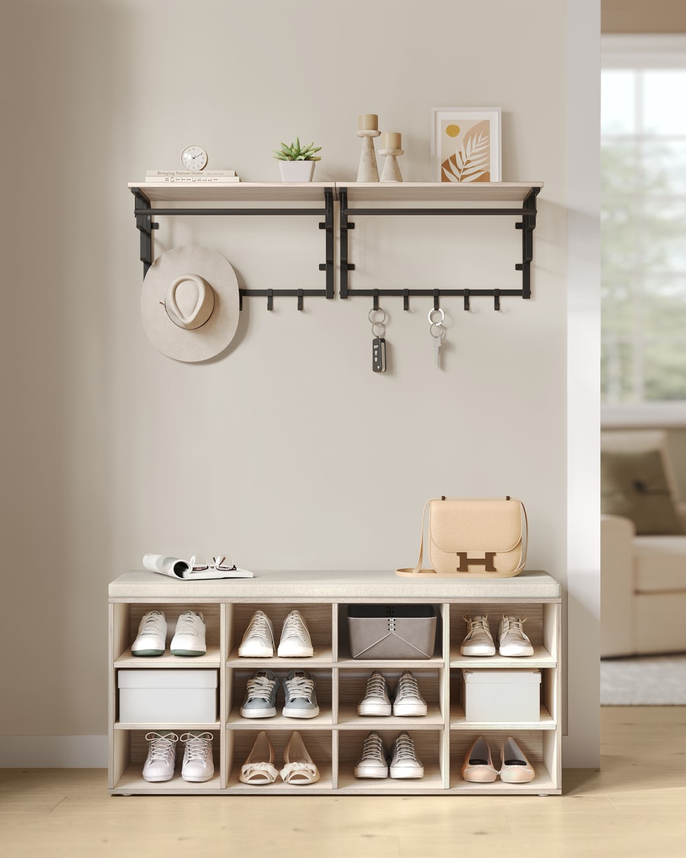 Banc à chaussures rangement avec siège rembourré beige - Maisons du Monde