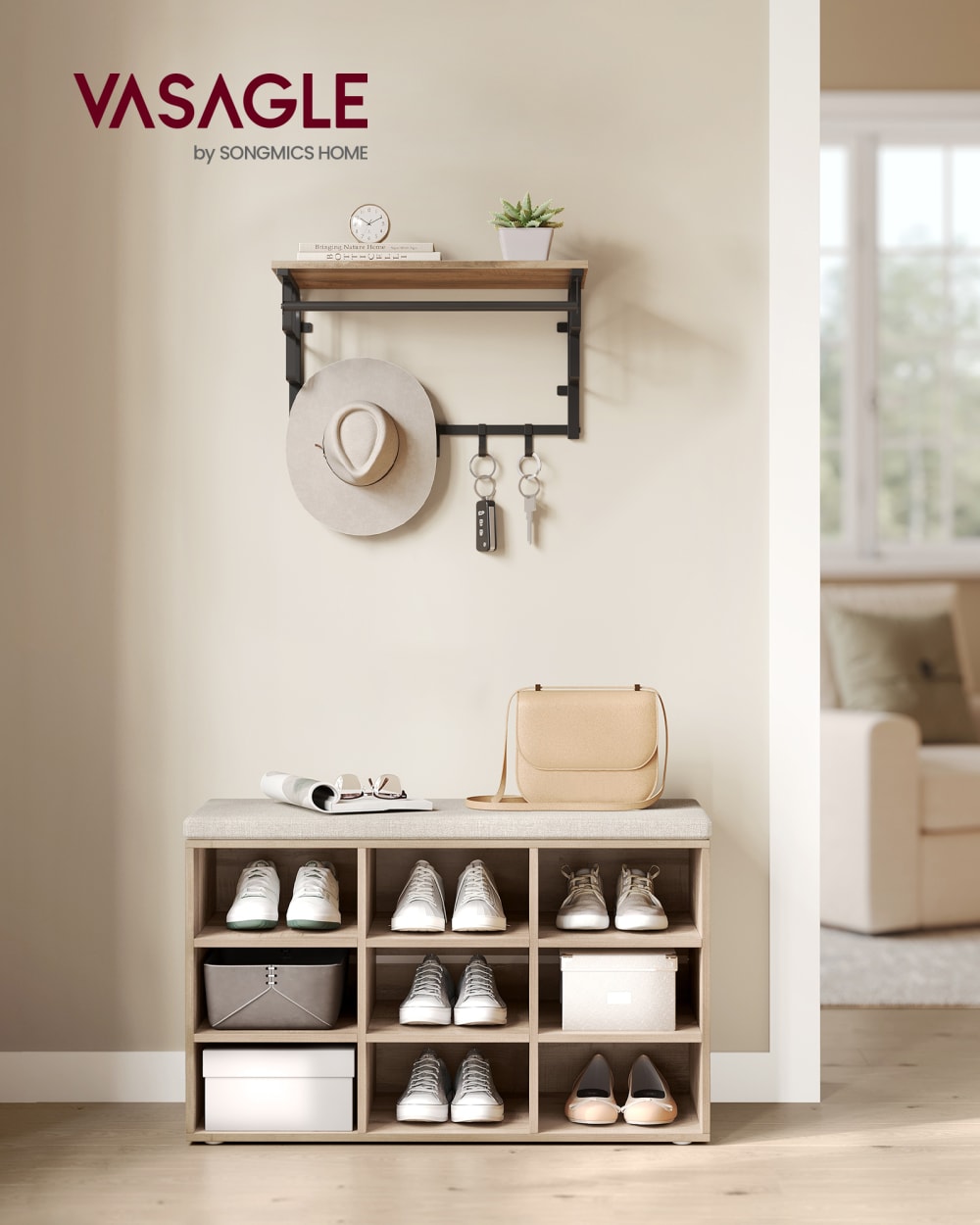 Banc à chaussures rangement avec siège rembourré marron camel et beige - Maisons du Monde