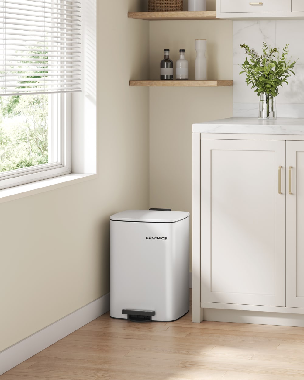 SONGMICS Poubelle de cuisine à pédale en acier avec seau 20 litres blanc style contemporain