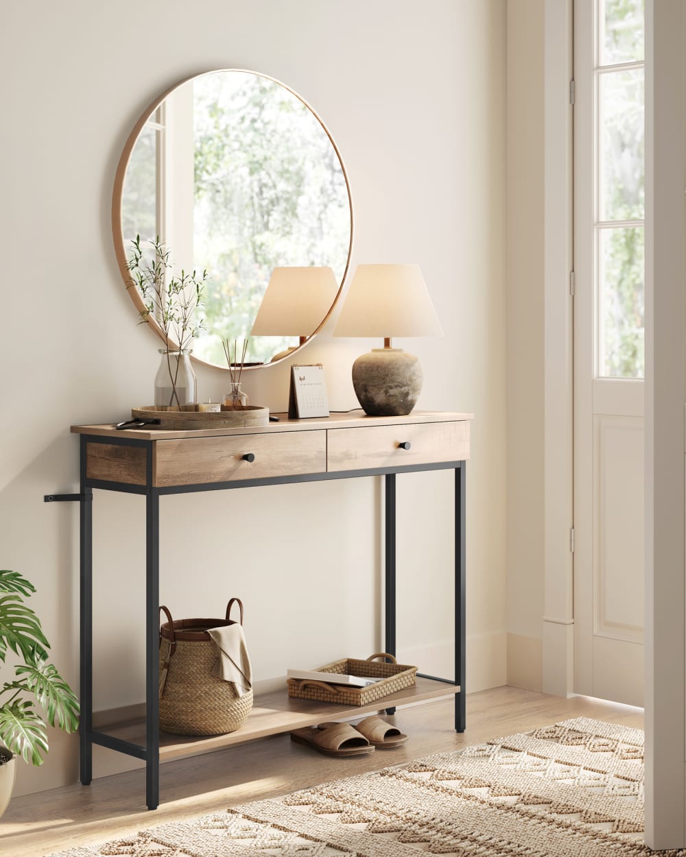 VASAGLE Console d'entrée industrielle avec 2 tiroirs basse blanc et noir style industriel Marron Panneau De Particules - 100x80x30cm