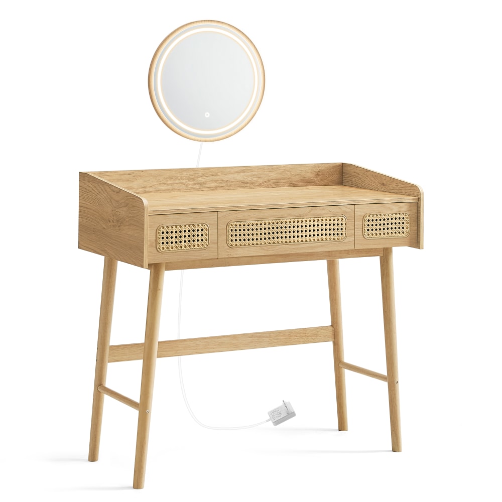 Coiffeuse avec miroir 3 tiroirs imitation rotin beige chêne