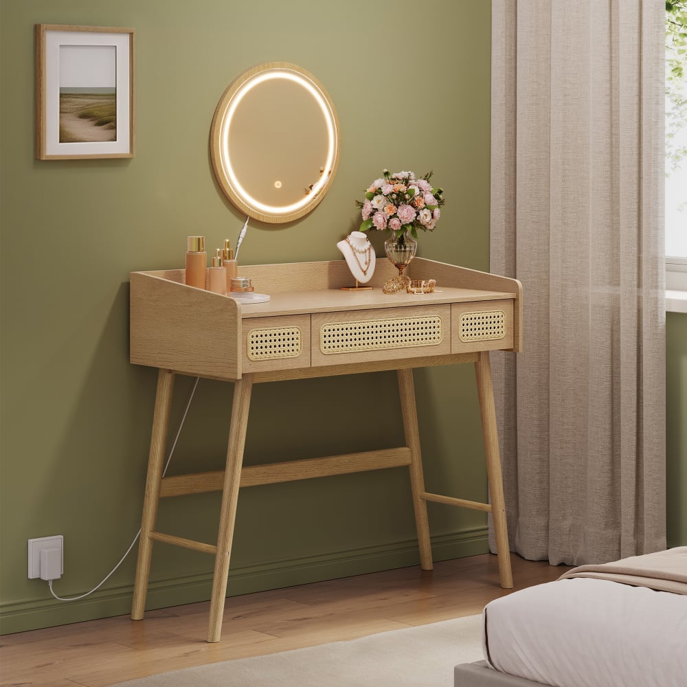 Coiffeuse avec miroir 3 tiroirs imitation rotin beige chêne