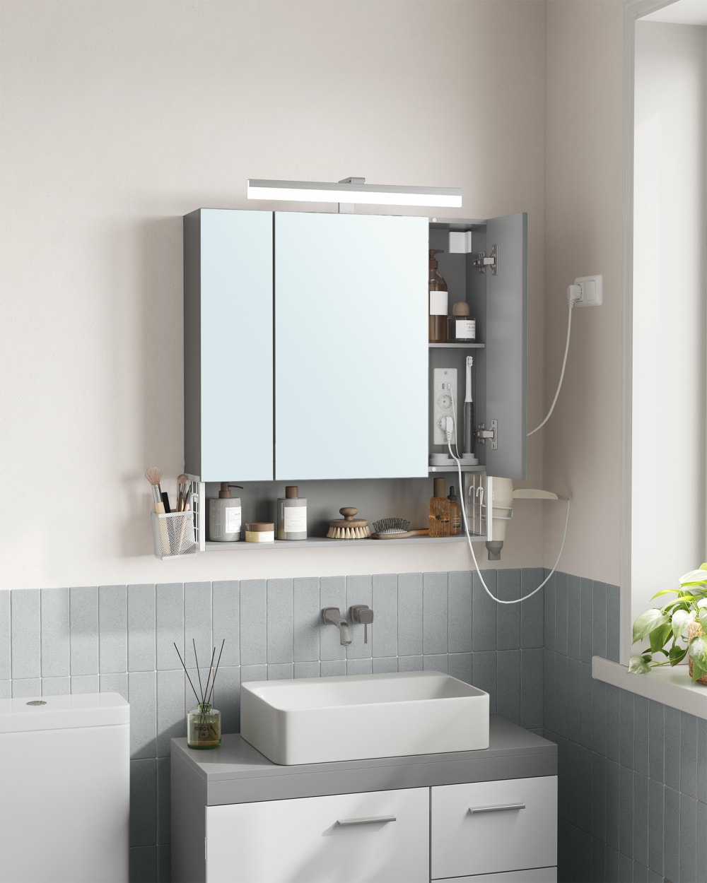 Armoire murale 3 portes avec miroir multiprise suspendu support gris - Maisons du Monde
