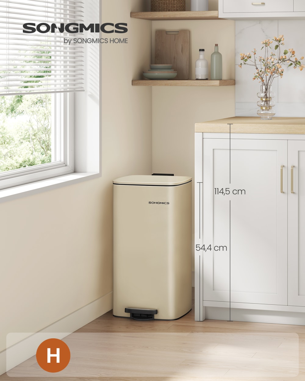 SONGMICS Poubelle de cuisine à pédale en acier avec seau 30 litres noir style contemporain Beige