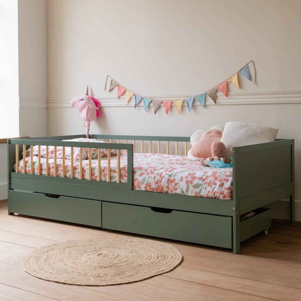 Lit pour enfant avec tiroirs 190x90cm vert bois