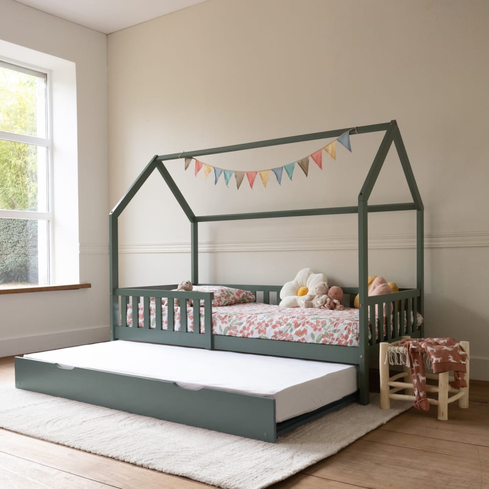 Happy Garden Grünes Hüttenausziehbett für Kinder 190x90cm aus Holz style exotic GRÜN HOLZ Baby
