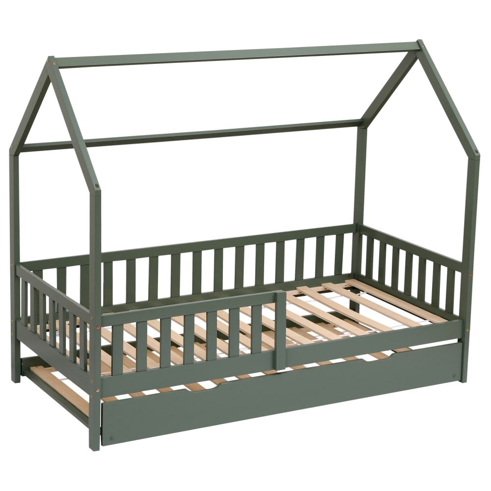 Lit cabane gigogne vert pour enfant 190x90cm en bois (Happy Garden) - Image 2