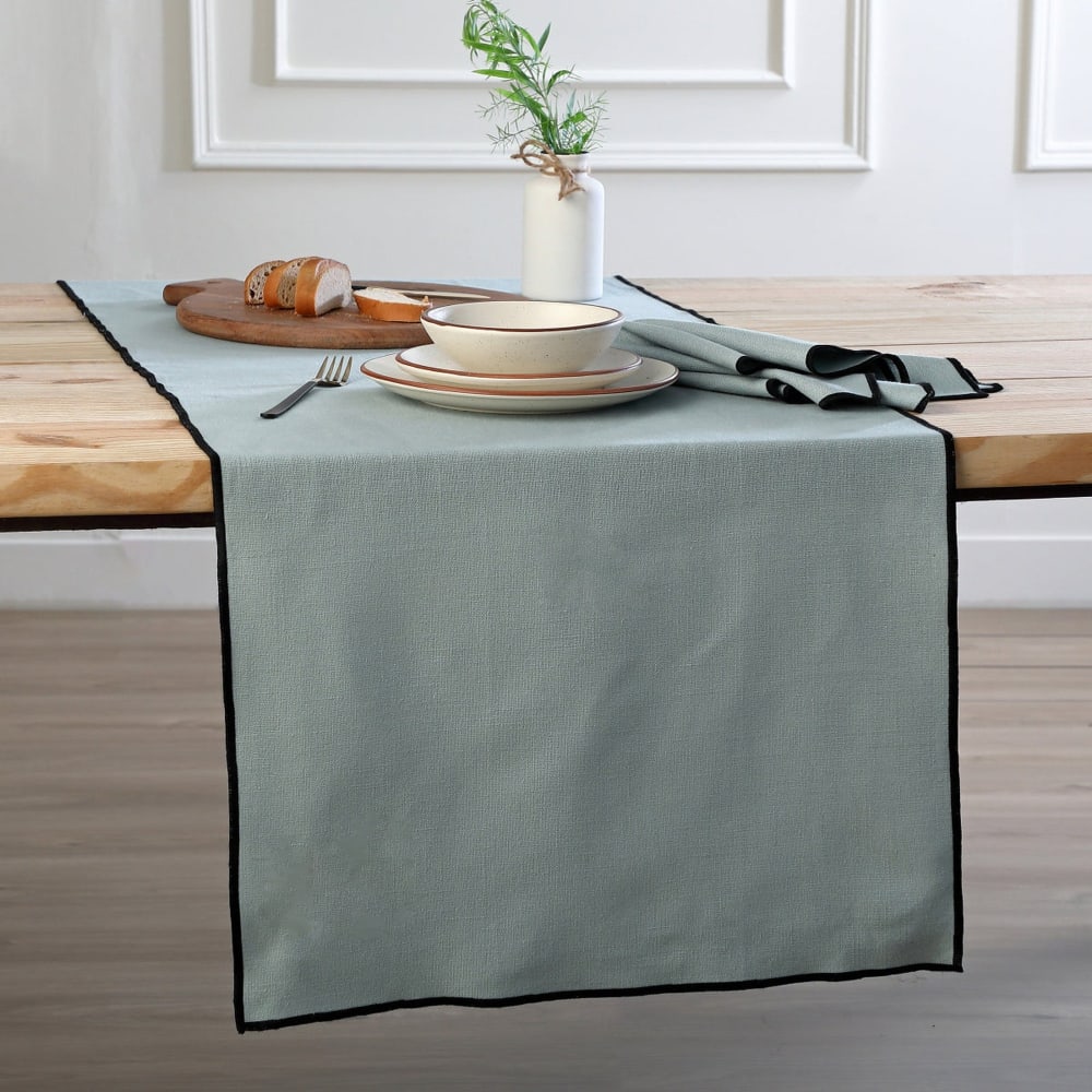Chemin de table toile de coton céladon & noir 50x150