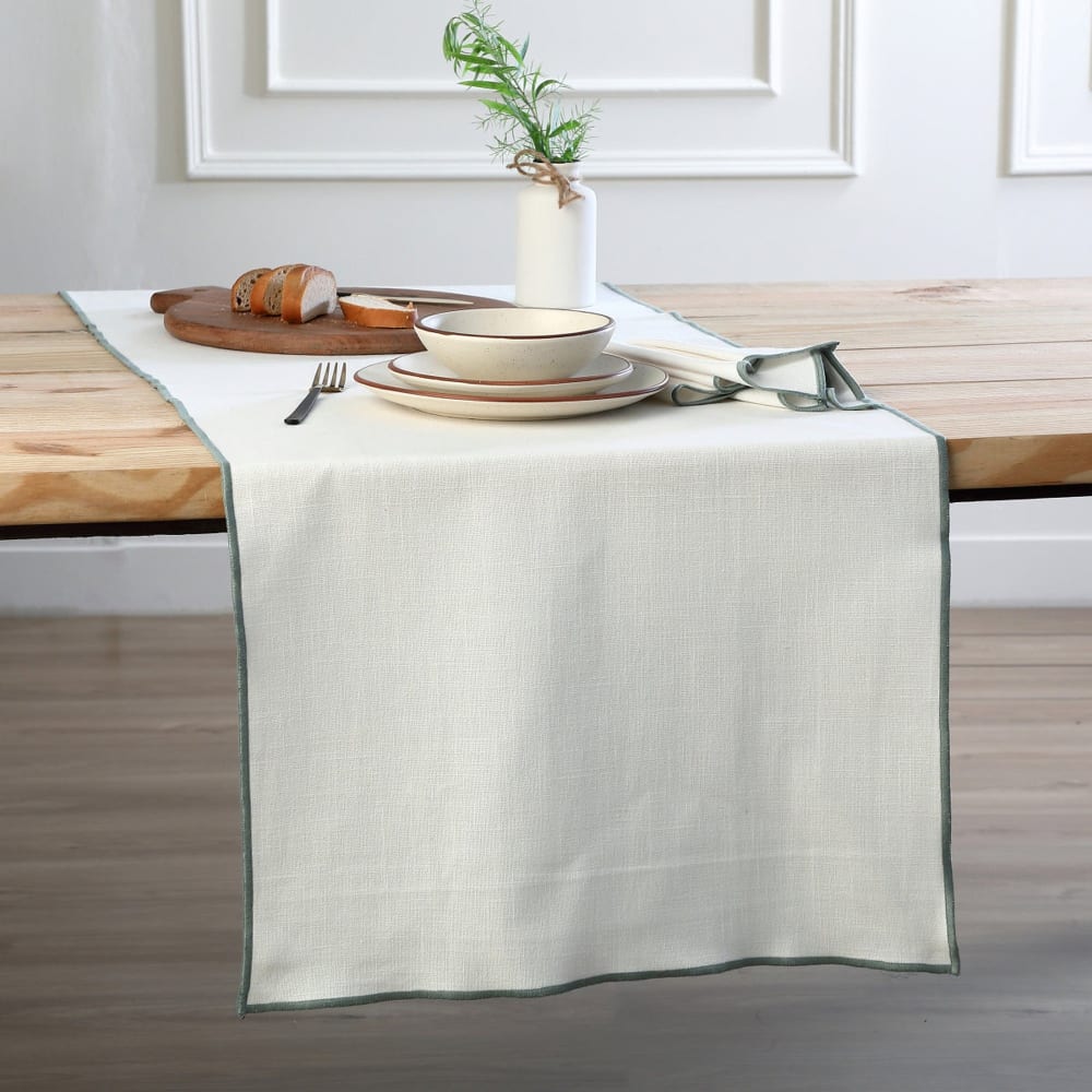 Chemin de table toile de coton 50x150 blanc & vert céladon